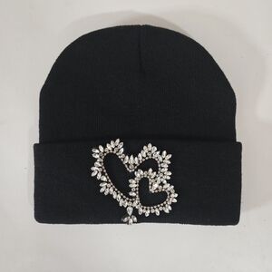 Elegant Black Beanie with Crystal Heart Design